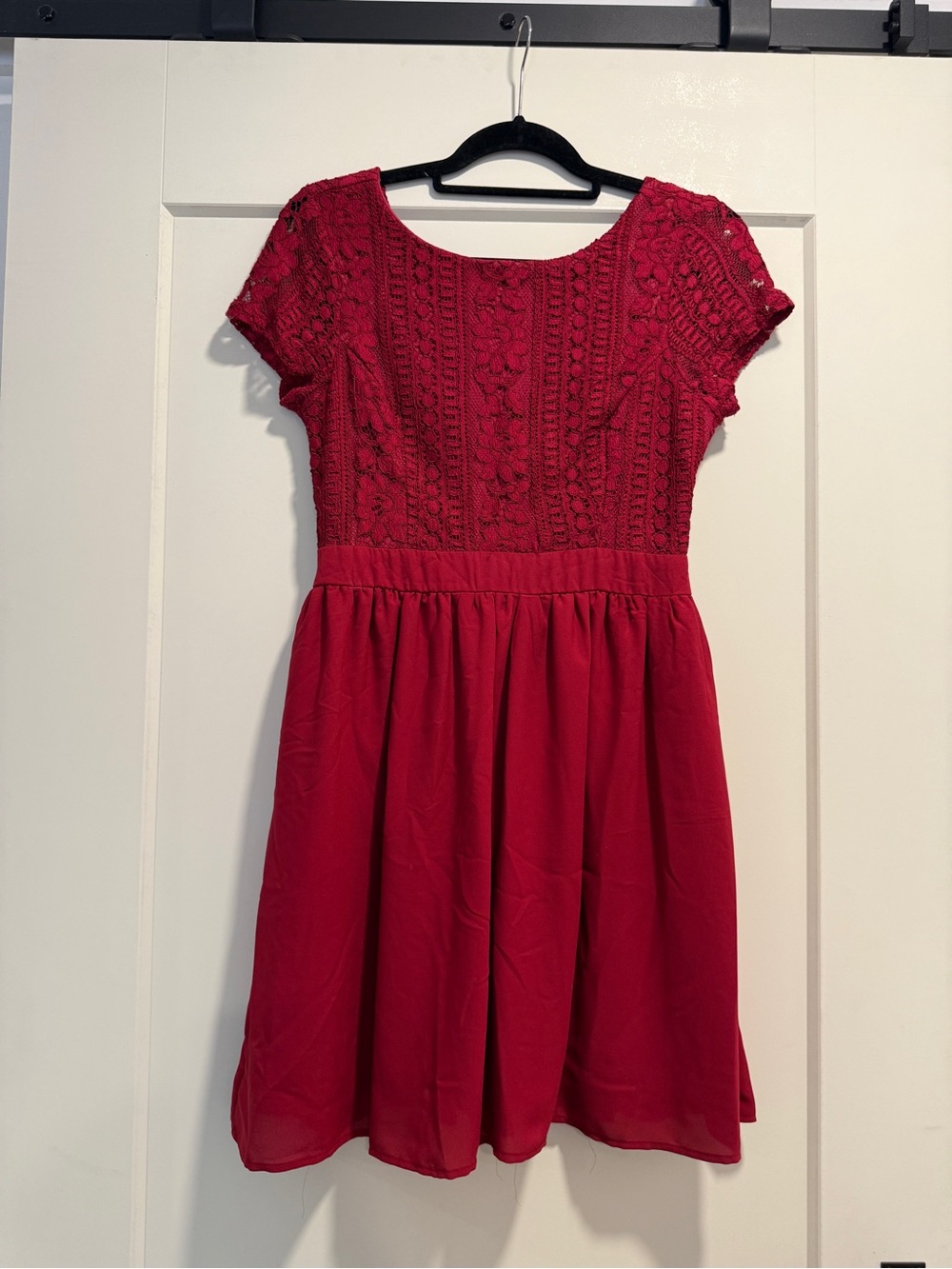 miami Burgundy Crochet Bodice Short Sleeve Mini Dress